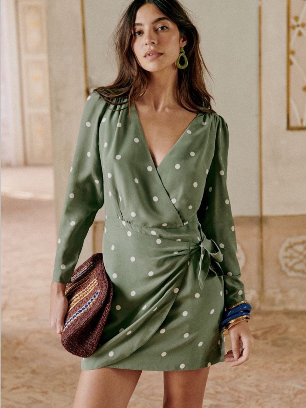 Sezane Olive Green Polka Dot Wrap Mini Dress